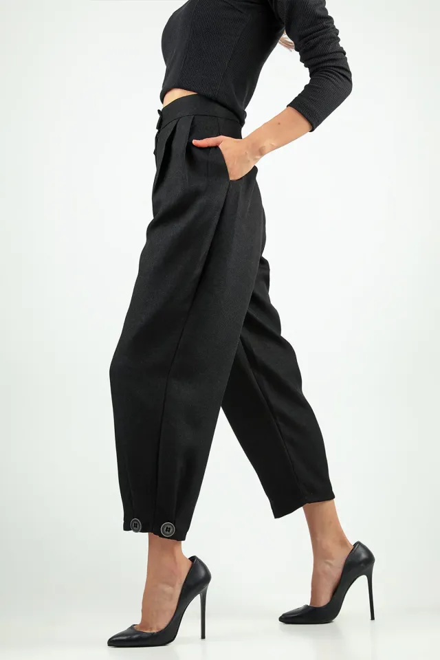 Kadın Bilek Düğme Detaylı Kumaş Pantolon Siyah