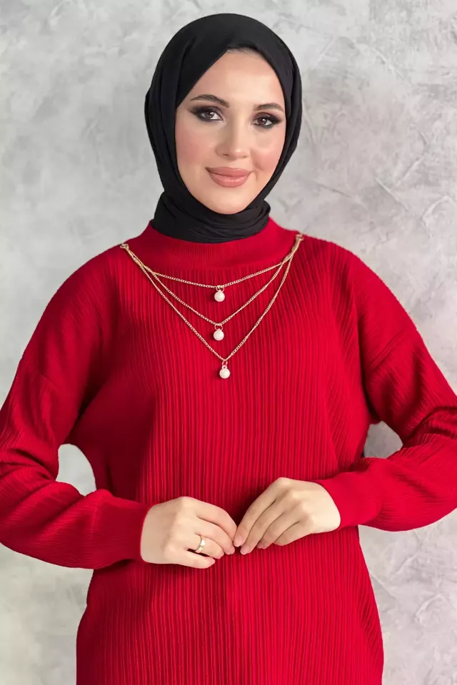 Kadın Bisiklet Yaka Aksesuar Detaylı Tesettür Triko Tunik Kırmızı