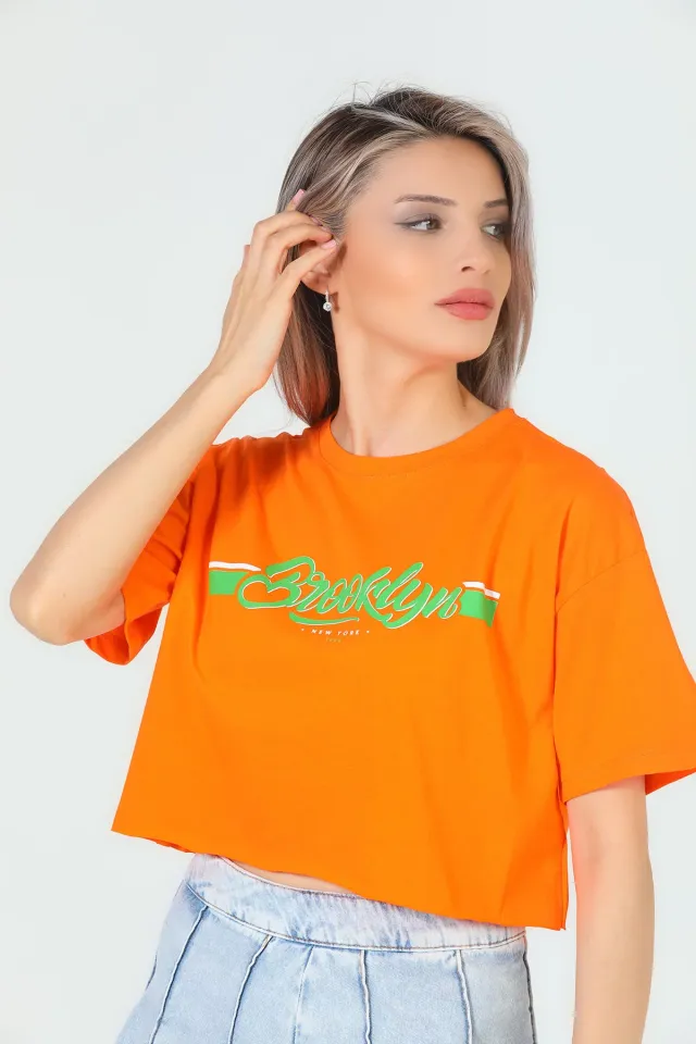 Kadın Bisiklet Yaka Baskılı Crop T-shirt Orange