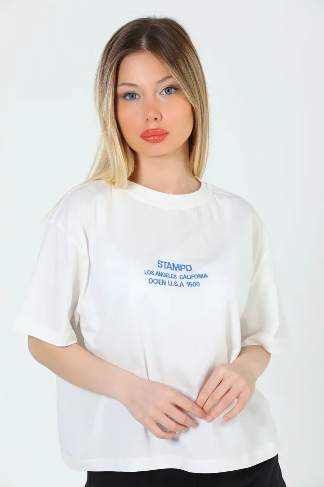 Kadın Bisiklet Yaka Baskılı Oversize T-shirt Krem