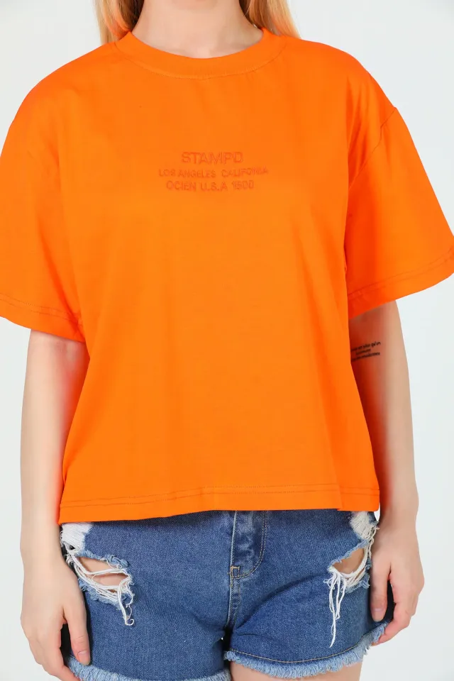 Kadın Bisiklet Yaka Baskılı Oversize T-shirt Orange