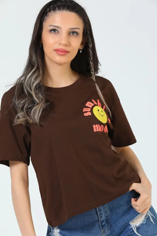 Kadın Bisiklet Yaka Baskılı T-shirt Kahve