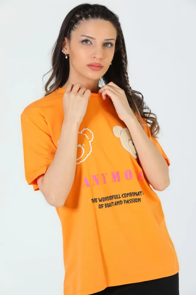 Kadın Bisiklet Yaka Baskılı T-shirt Orange