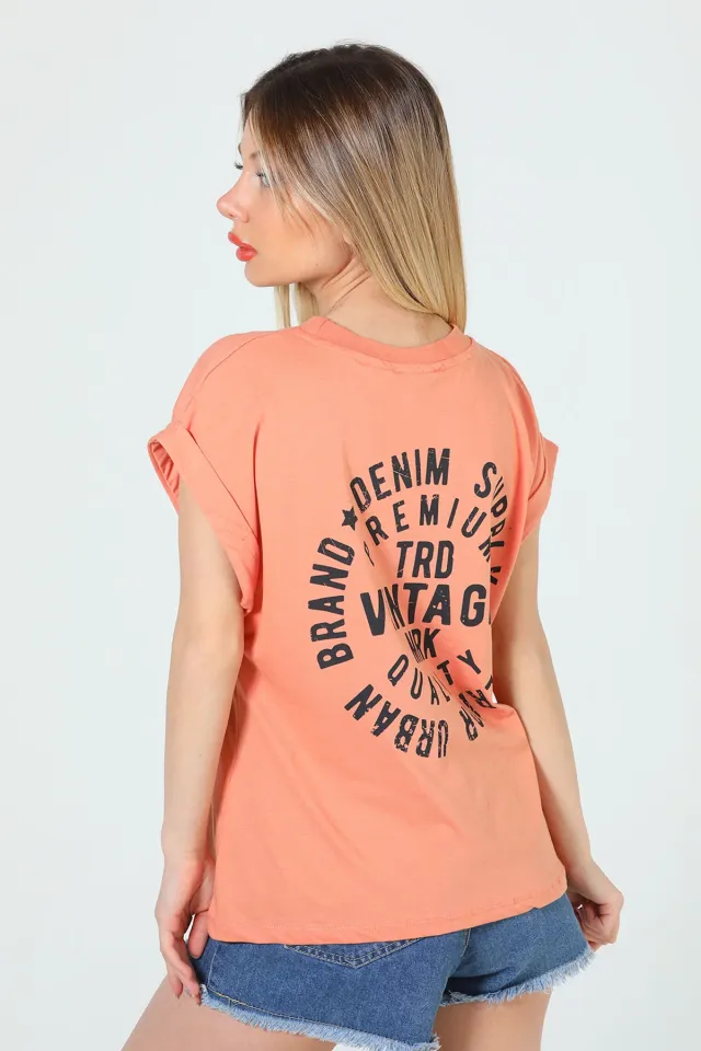 Kadın Bisiklet Yaka Baskılı T-shirt Somon