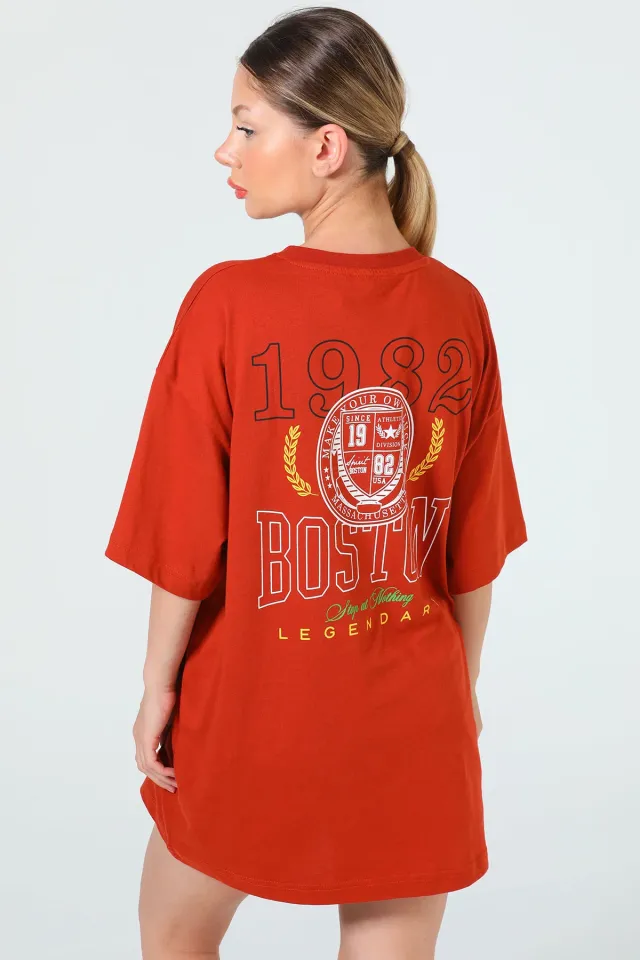 Kadın Bisiklet Yaka Boston Baskılı Oversize T-shirt Kiremit