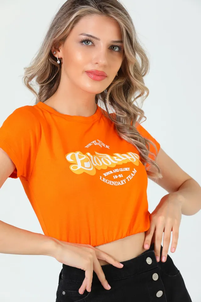 Kadın Bisiklet Yaka Brooklyn Baskılı Bel Lastikli Crop T-shirt Orange