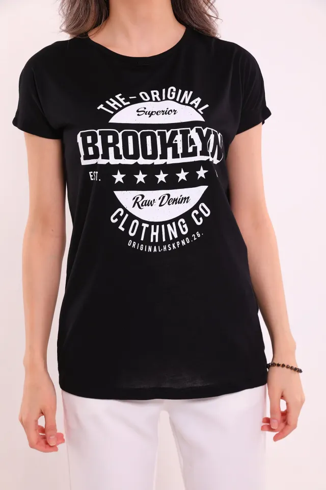Kadın Bisiklet Yaka Brooklyn Baskılı T-shirt Siyah
