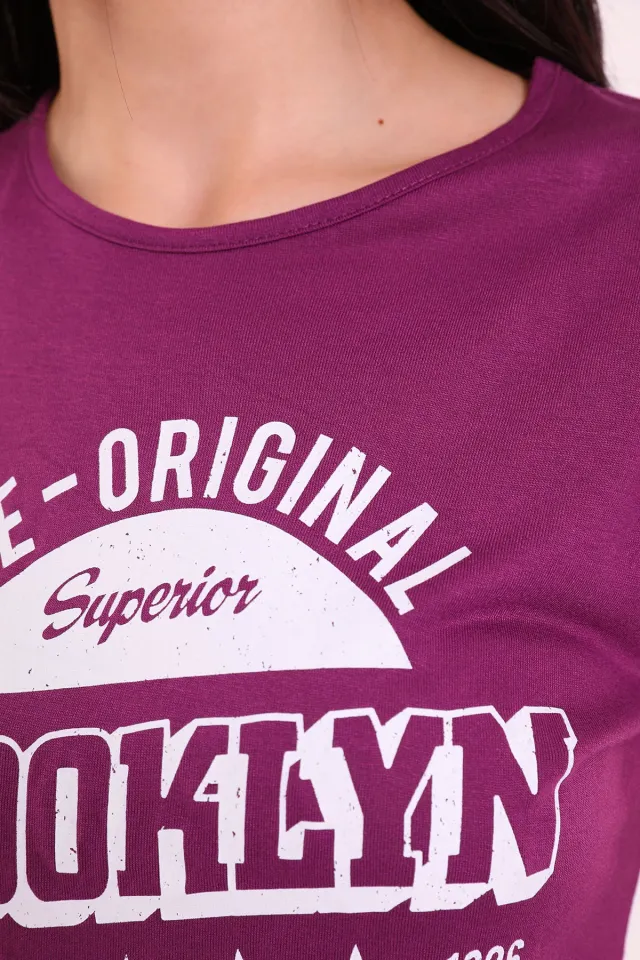 Kadın Bisiklet Yaka Brooklyn Baskılı T-shirt Mürdüm