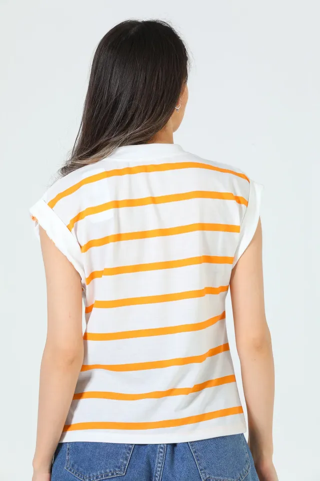 Kadın Bisiklet Yaka Çizgili T-shirt Orange