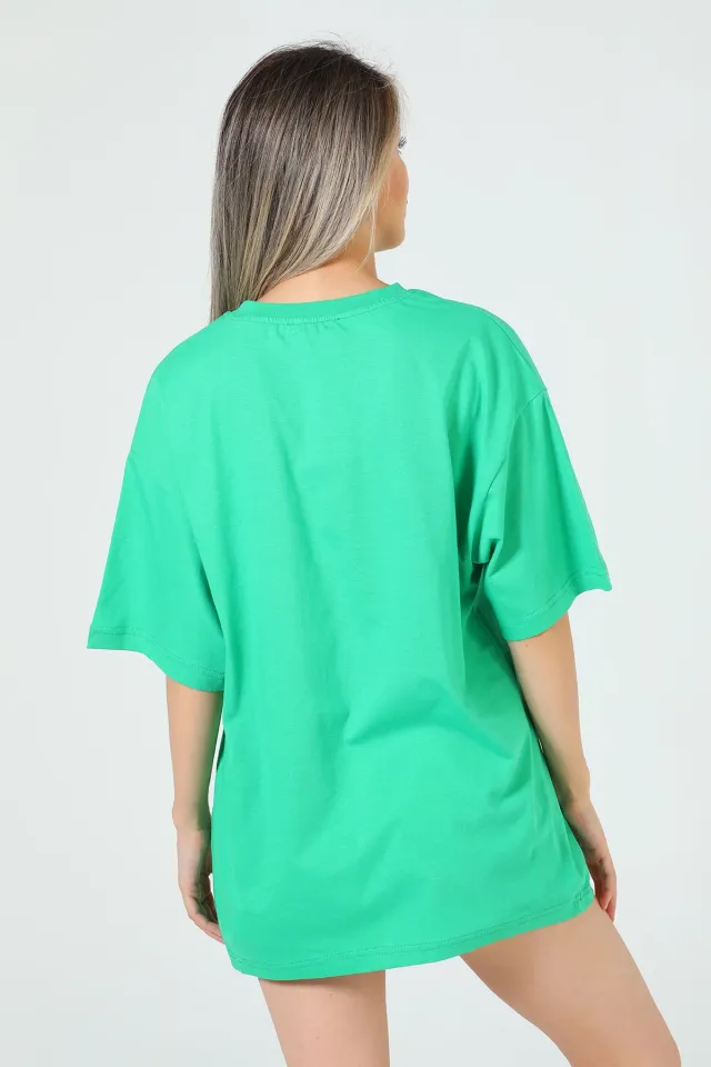 Kadın Bisiklet Yaka Cote Dazur Baskılı Oversize T-shirt Yeşil