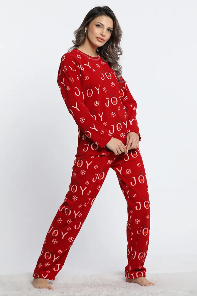 Kadın Bisiklet Yaka Desenli Polar Pijama Takımı Kırmızı