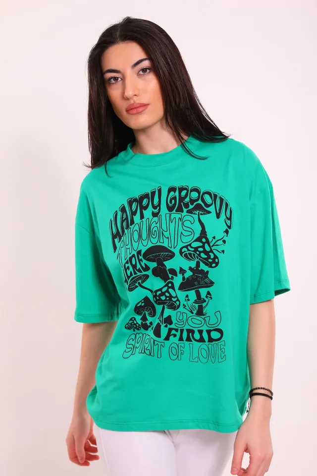 Kadın Bisiklet Yaka Happy Groovy Baskılı Oversize T-shirt Yeşil