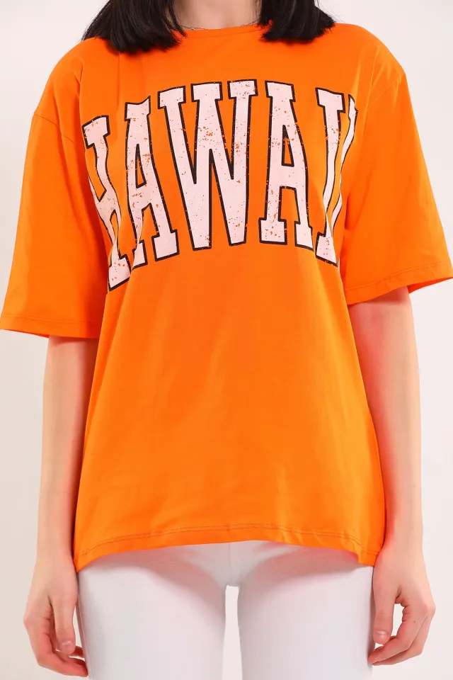 Kadın Bisiklet Yaka Hawaı Baskılı Salaş T-shirt Orange