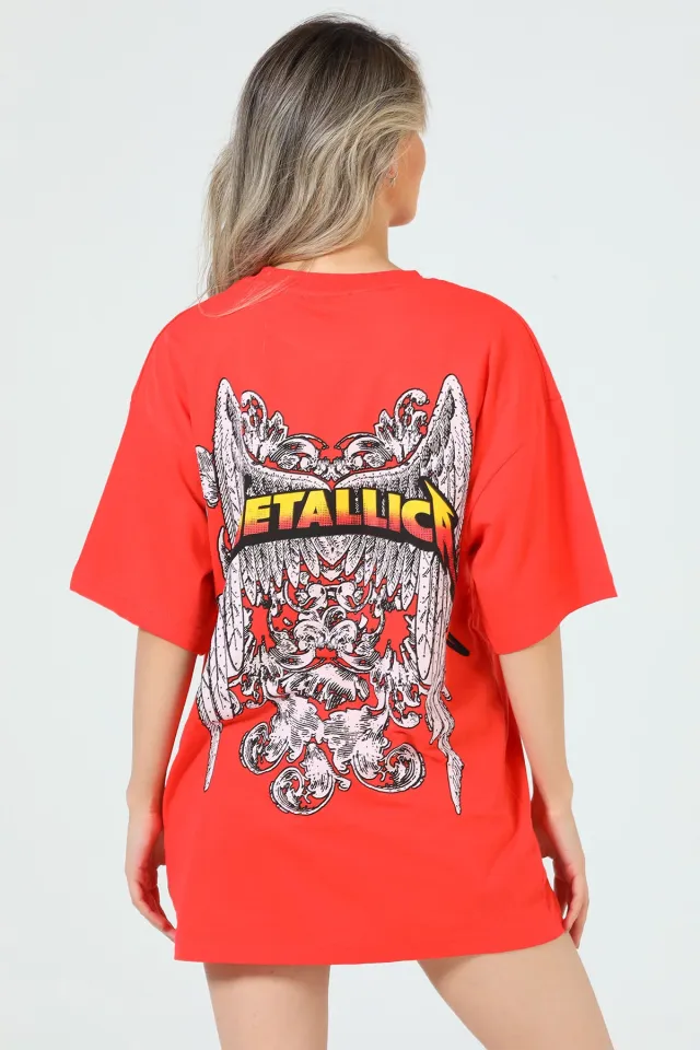 Kadın Bisiklet Yaka Metallica Baskılı Oversize T-shirt Nar Çiçeği