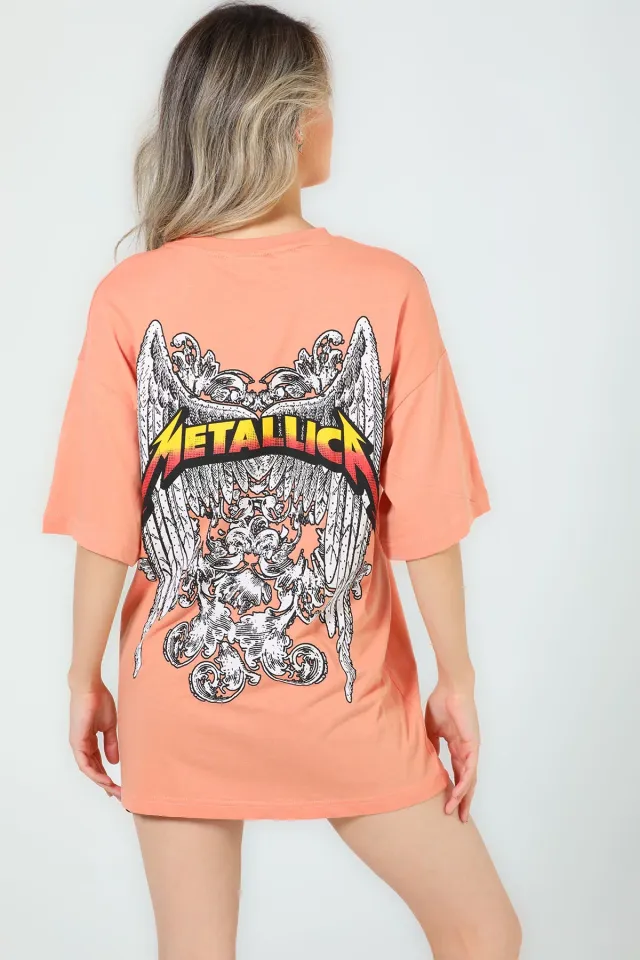 Kadın Bisiklet Yaka Metallica Baskılı Oversize T-shirt Somon