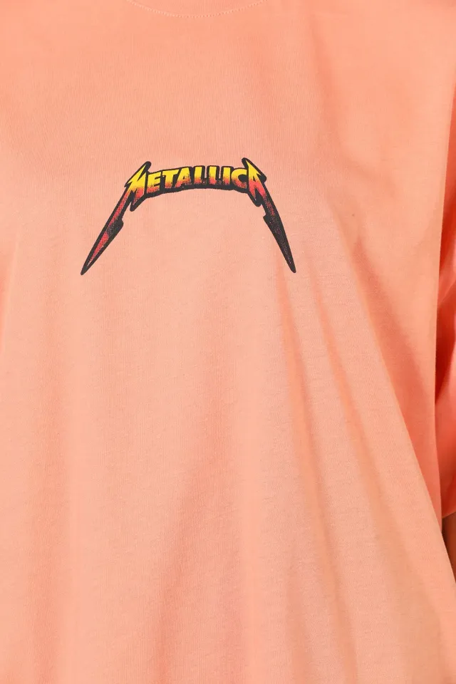 Kadın Bisiklet Yaka Metallica Baskılı Oversize T-shirt Somon