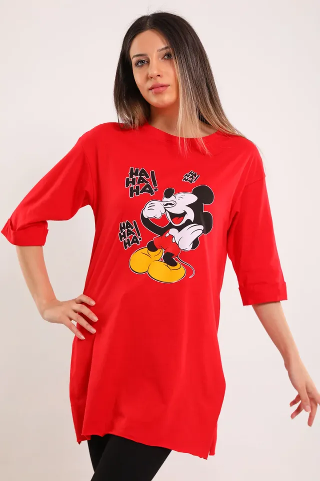 Kadın Bisiklet Yaka Mickey Mouse Baskılı Yan Yırtmaçlı Salaş T-shirt Kırmızı