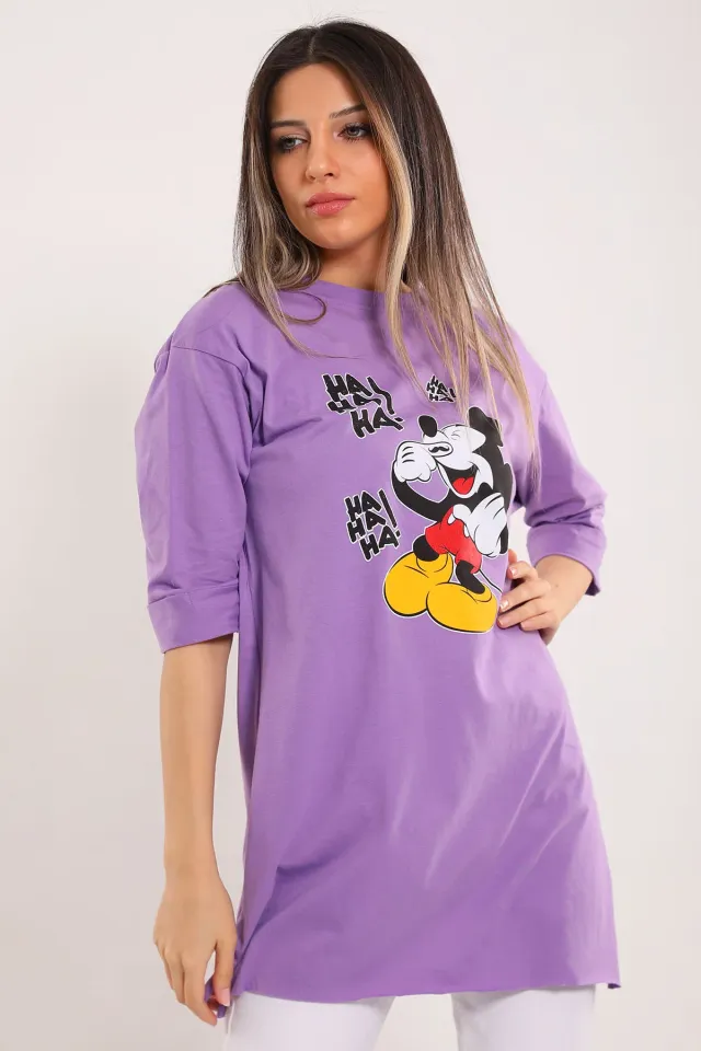 Kadın Bisiklet Yaka Mickey Mouse Baskılı Yan Yırtmaçlı Salaş T-shirt Lila