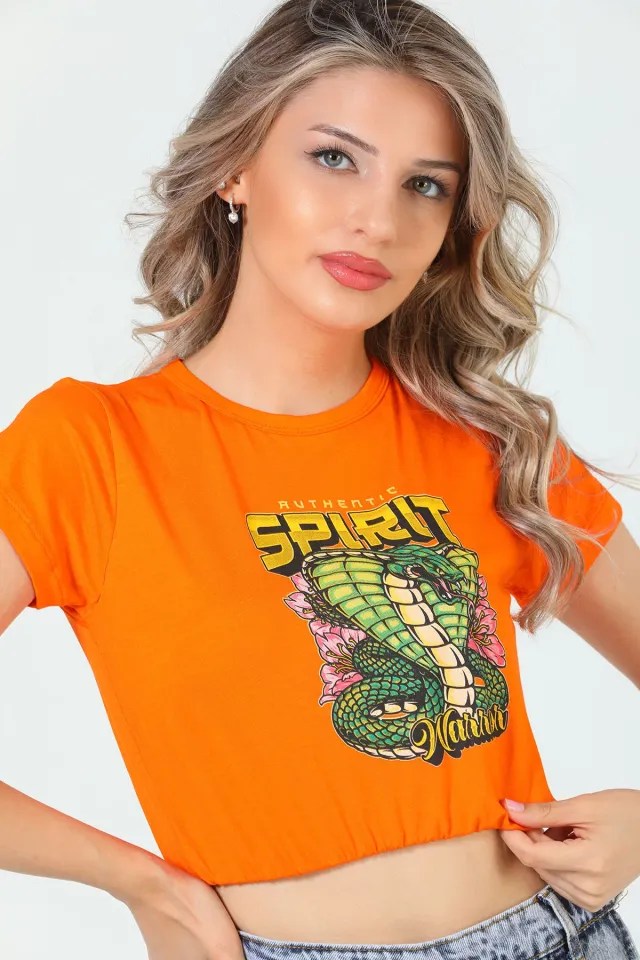 Kadın Bisiklet Yaka Ön Baskı Detaylı Bel Büzgülü Crop T-shirt Orange