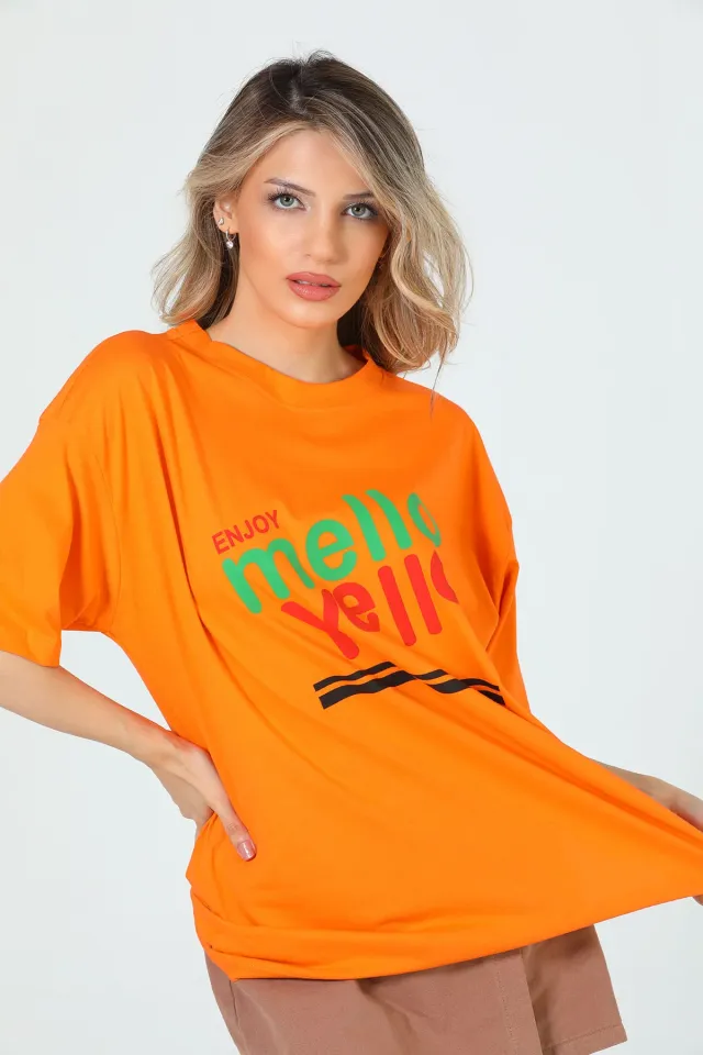 Kadın Bisiklet Yaka Ön Baskılı Salaş T-shirt Orange