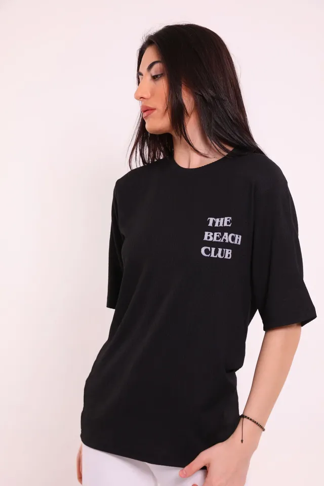 Kadın Bisiklet Yaka Ön Ve Sırt Baskılı Likralı T-shirt Siyah