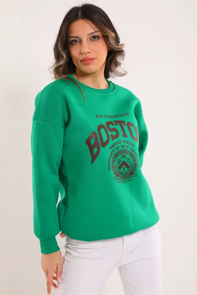 Kadın Bisiklet Yaka Ön Yazı Baskılı Şardonlu Sweatshirt Yeşil
