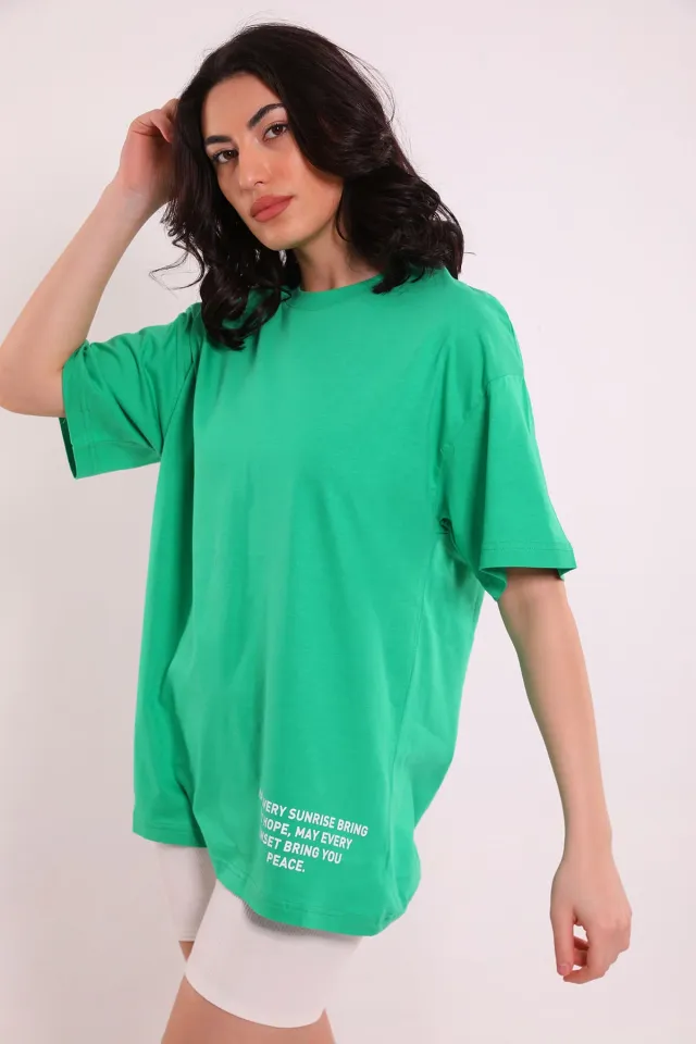 Kadın Bisiklet Yaka Oversize T-shirt Yeşil