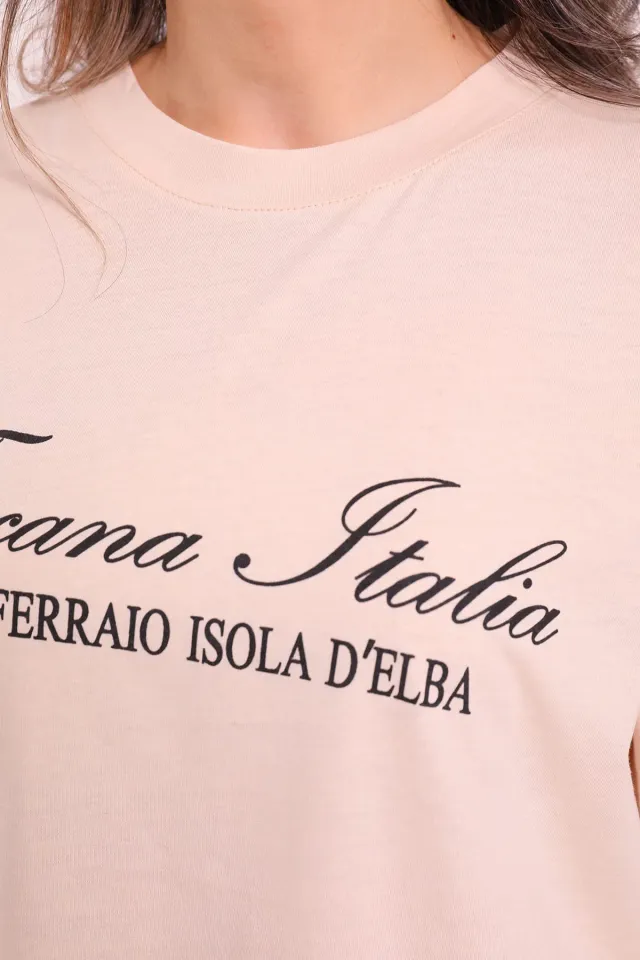 Kadın Bisiklet Yaka Toscana İtalia Baskılı Oversize T-shirt Bej