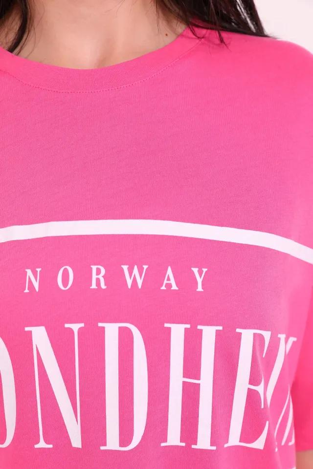 Kadın Bisiklet Yaka Trondheim Baskılı Oversize T-shirt Pembe