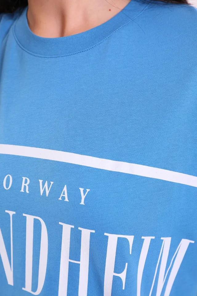 Kadın Bisiklet Yaka Trondheim Baskılı Oversize T-shirt Mavi