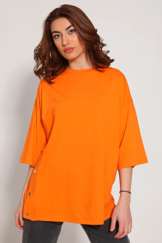 Kadın Bisiklet Yaka Yan Düğme Detaylı Oversize T-shirt Orange