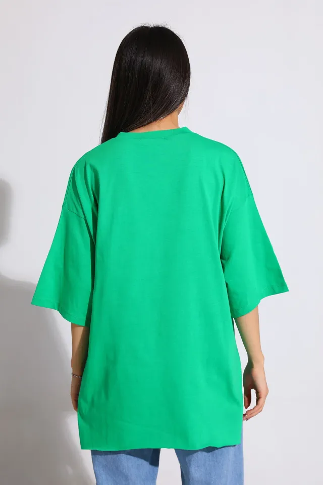 Kadın Bisiklet Yaka Yan Yırtmaç Detaylı Salaş T-shirt Yeşil