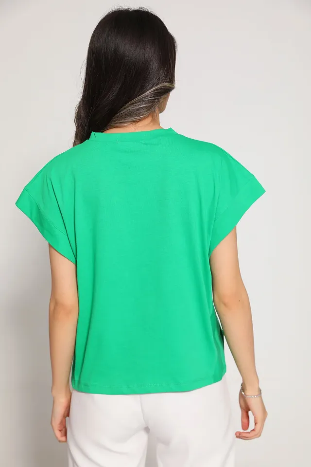 Kadın Bisiklet Yaka Yanlar Düğmeli Salaş T-shirt Yeşil