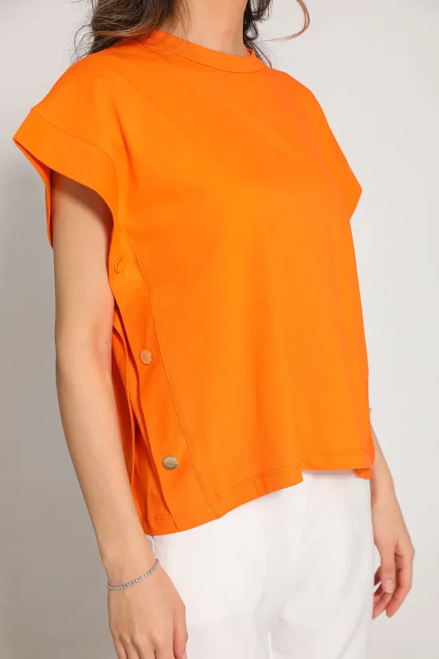 Kadın Bisiklet Yaka Yanlar Düğmeli Salaş T-shirt Orange
