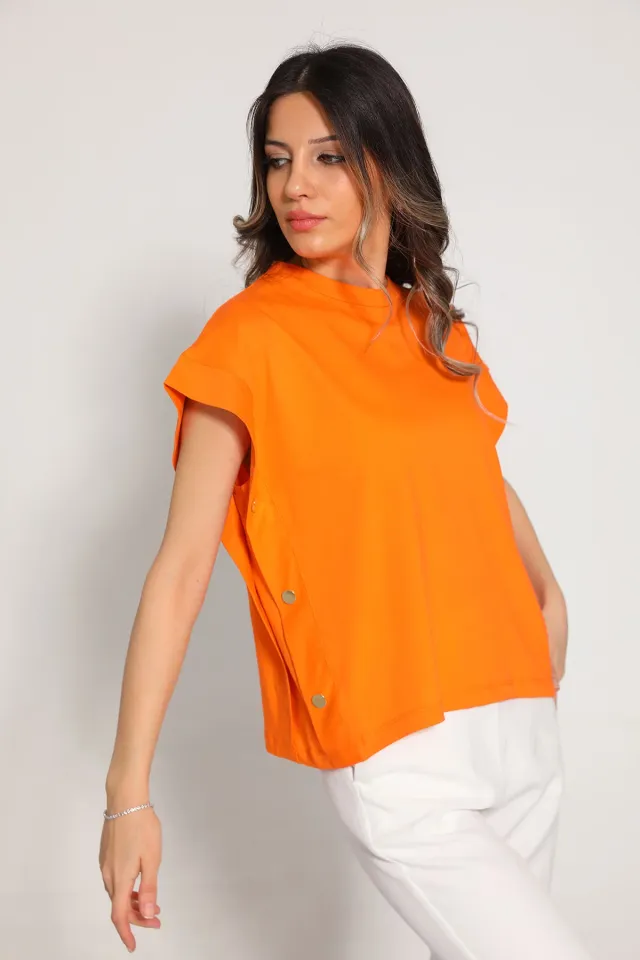 Kadın Bisiklet Yaka Yanlar Düğmeli Salaş T-shirt Orange