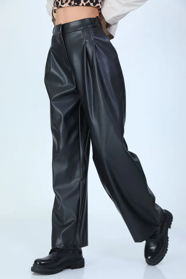 Kadın Bol Paça Deri Pantolon Siyah