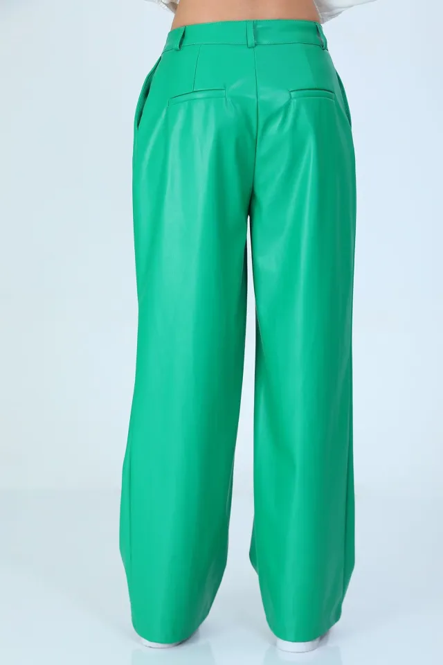 Kadın Bol Paça Deri Pantolon Yeşil