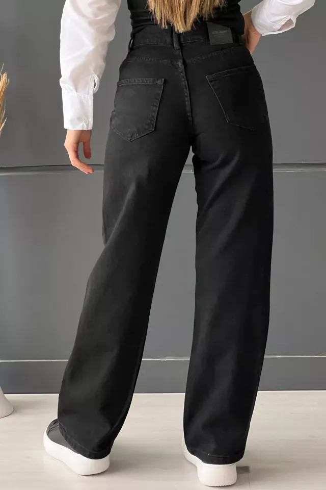 Kadın Bol Paça Yüksek Bel Jean Kot Pantolon Siyah