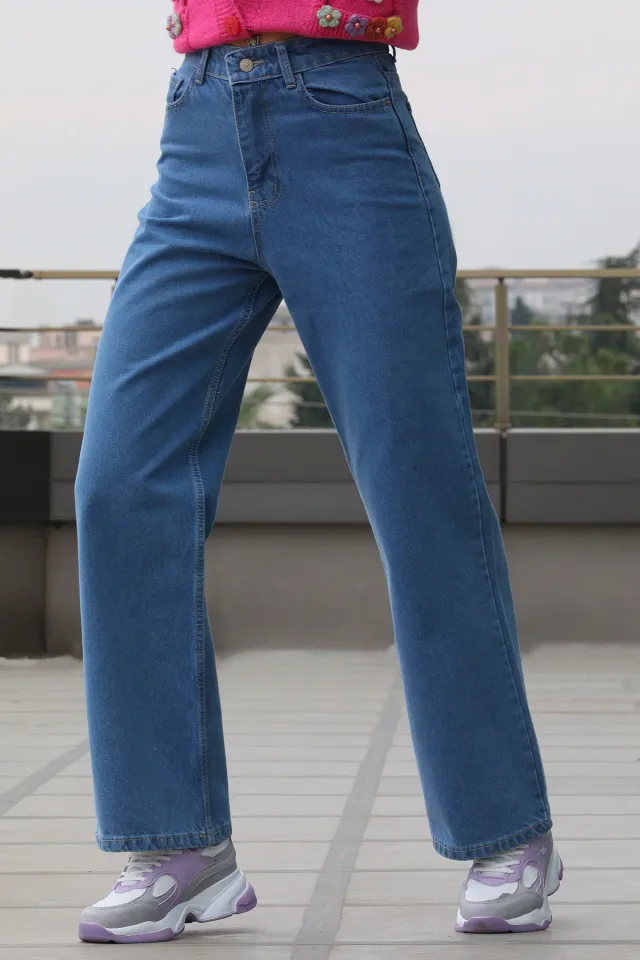 Kadın Bol Paça Yüksek Bel Jeans Pantolon Mavi