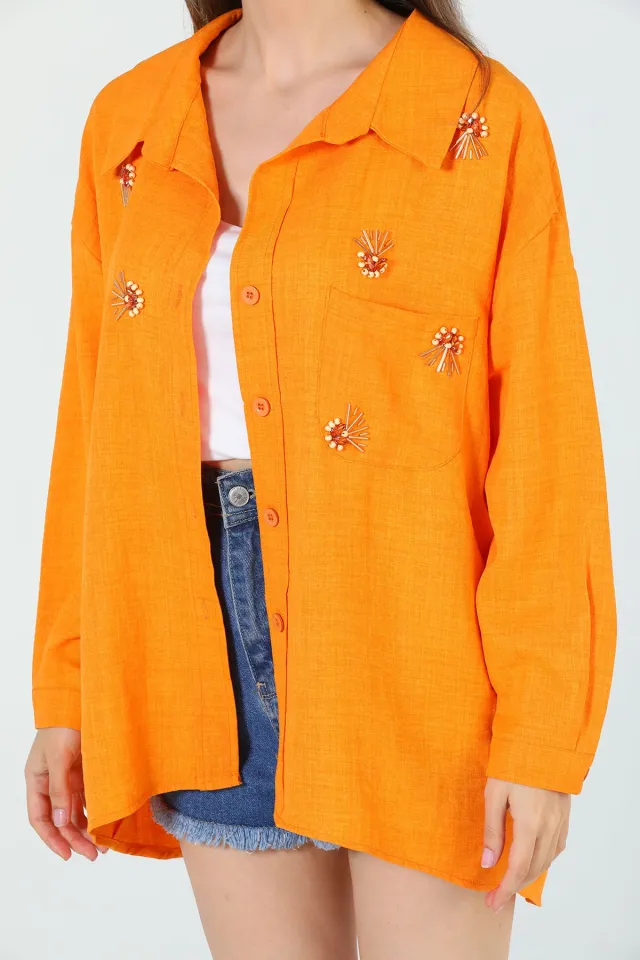 Kadın Boncuk İşlemeli Salaş Gömlek Orange