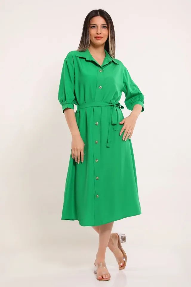 Kadın Boydan Düğmeli Bel Kuşak Detaylı Elbise Yeşil