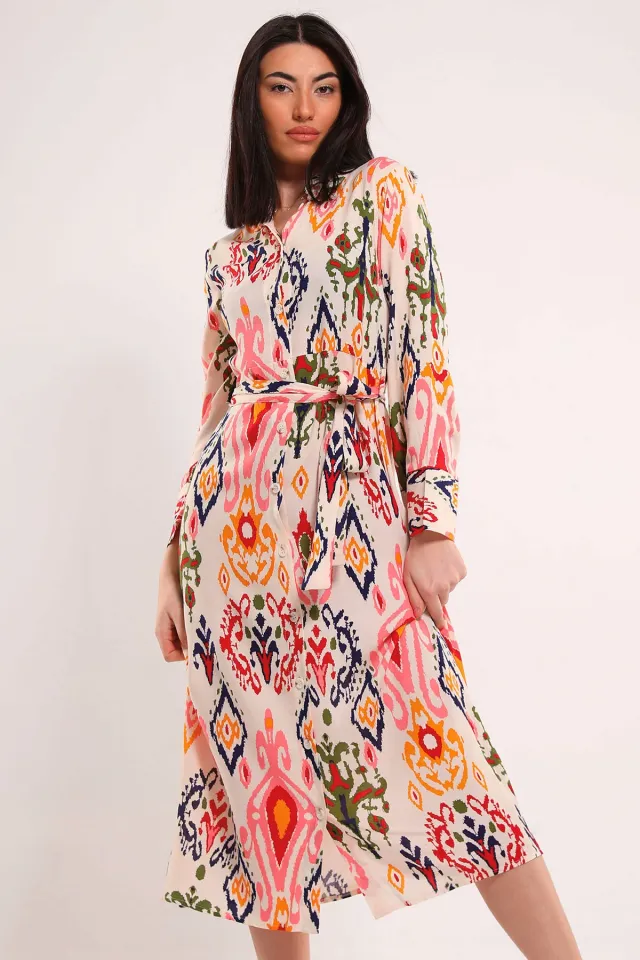 Kadın Boydan Düğmeli Kuşaklı Desenli Elbise Hardal