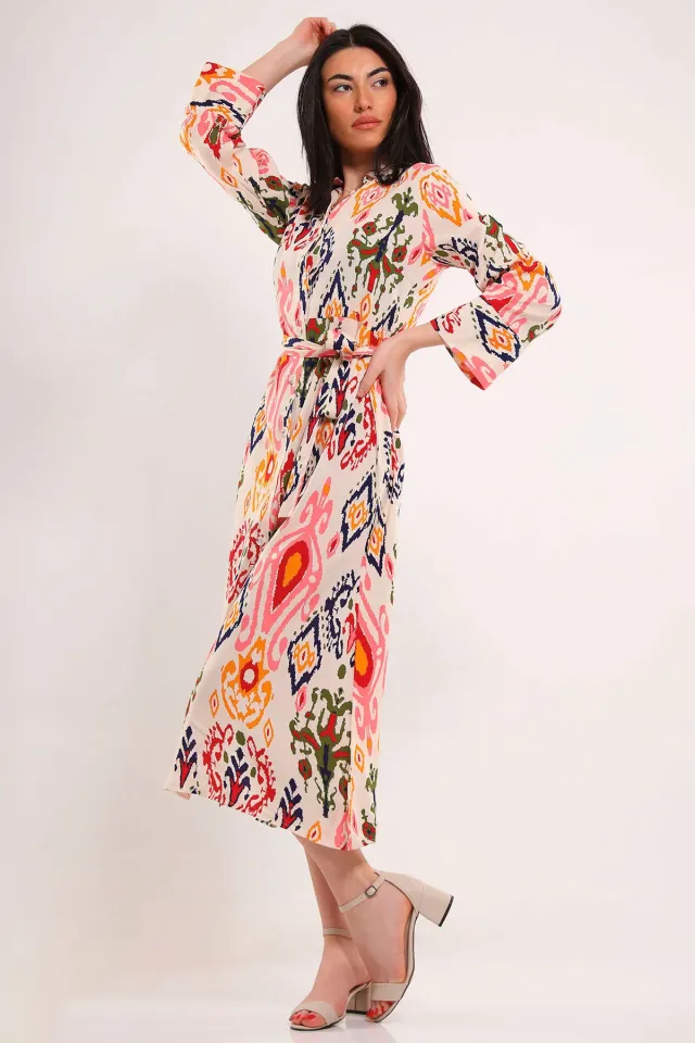 Kadın Boydan Düğmeli Kuşaklı Desenli Elbise Hardal
