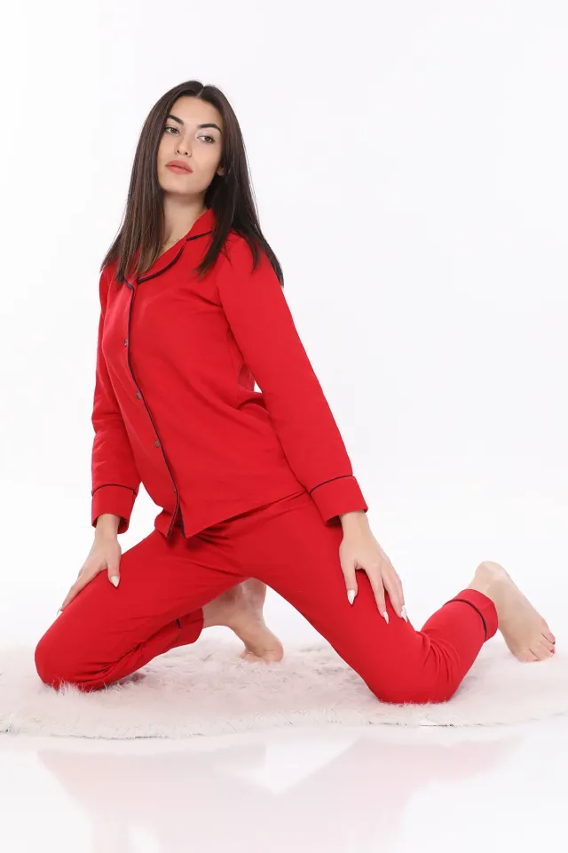 Kadın Boydan Düğmeli Pijama Takımı Kırmızı