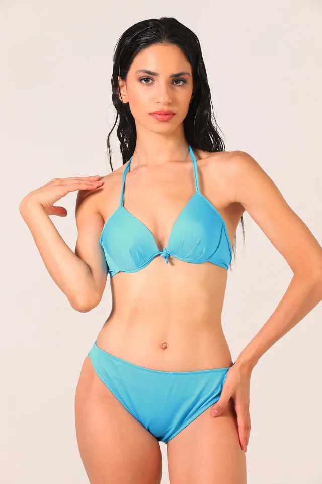 Kadın Boyundan Bağlamalı Hafif Destekli Bikini Takım Mavi