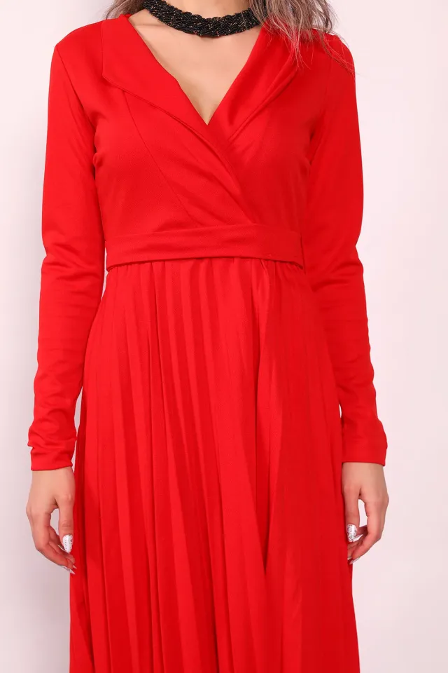 Kadın Ceket Yaka Piliseli Kuşaklı Elbise Kırmızı