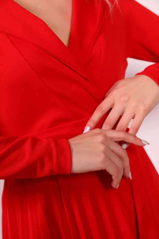 Kadın Ceket Yaka Piliseli Kuşaklı Elbise Kırmızı