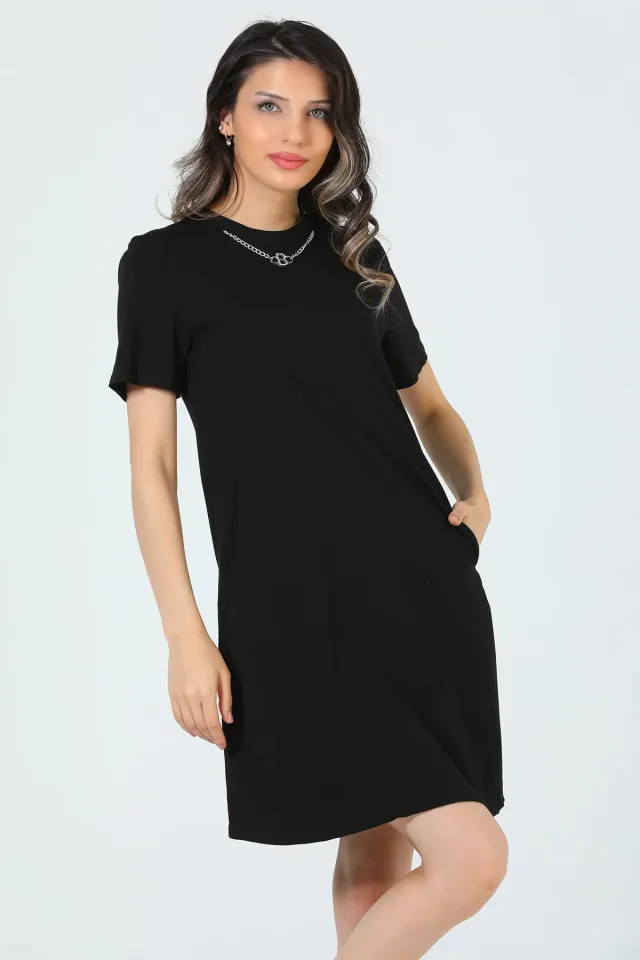 Kadın Cep Detaylı Aksesuarlı T-shirt Elbise Siyah