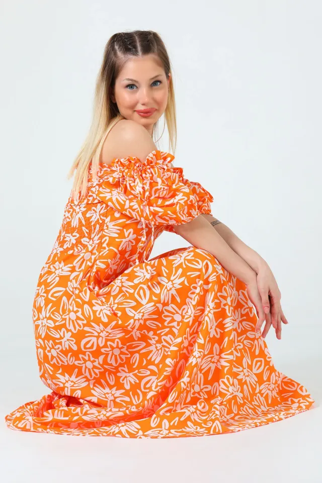 Kadın Cep Detaylı Desenli Uzun Elbise Orange