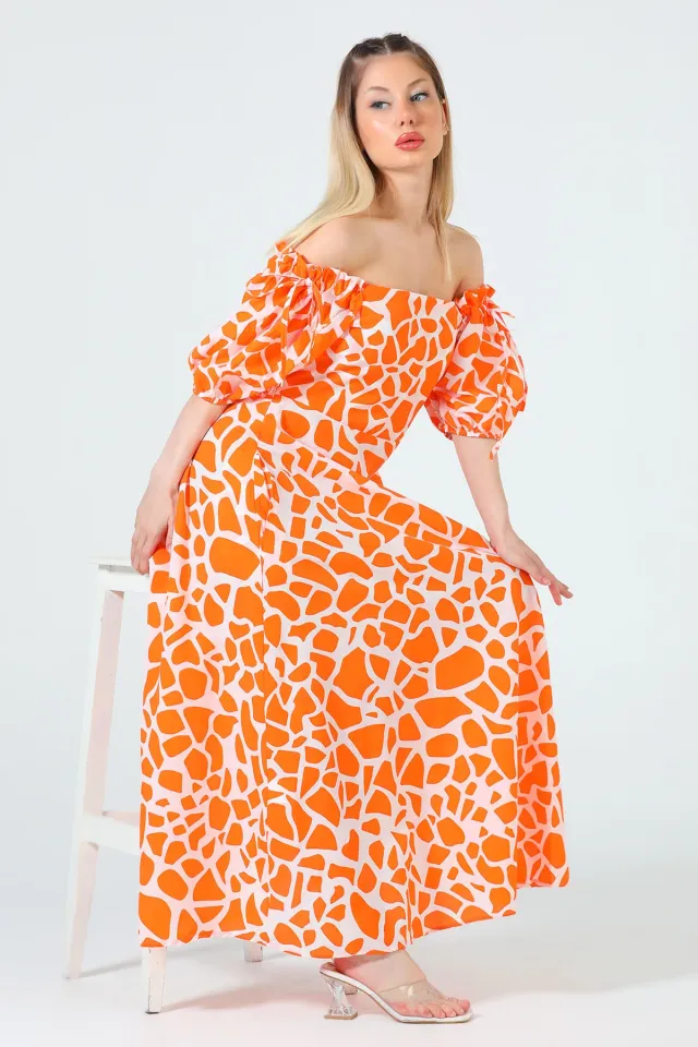 Kadın Cep Detaylı Desenli Uzun Elbise Orange